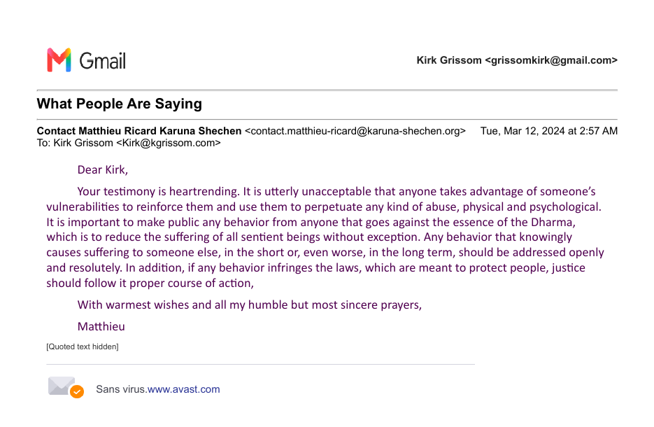 Original March 12, 2024 email from Matthieu Ricard